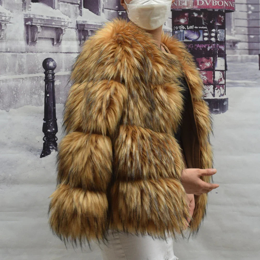 Faux Fur Coat Warm Thick Fox Raccoon Leather - side view pose 1 