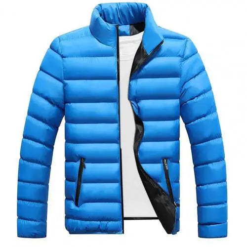 Solid Stand Collar Male Windbreak Cotton Padded Down Jacket - light blue with black (no backround)