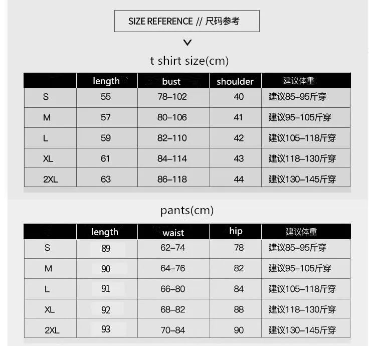 4 piece work out set- size chart