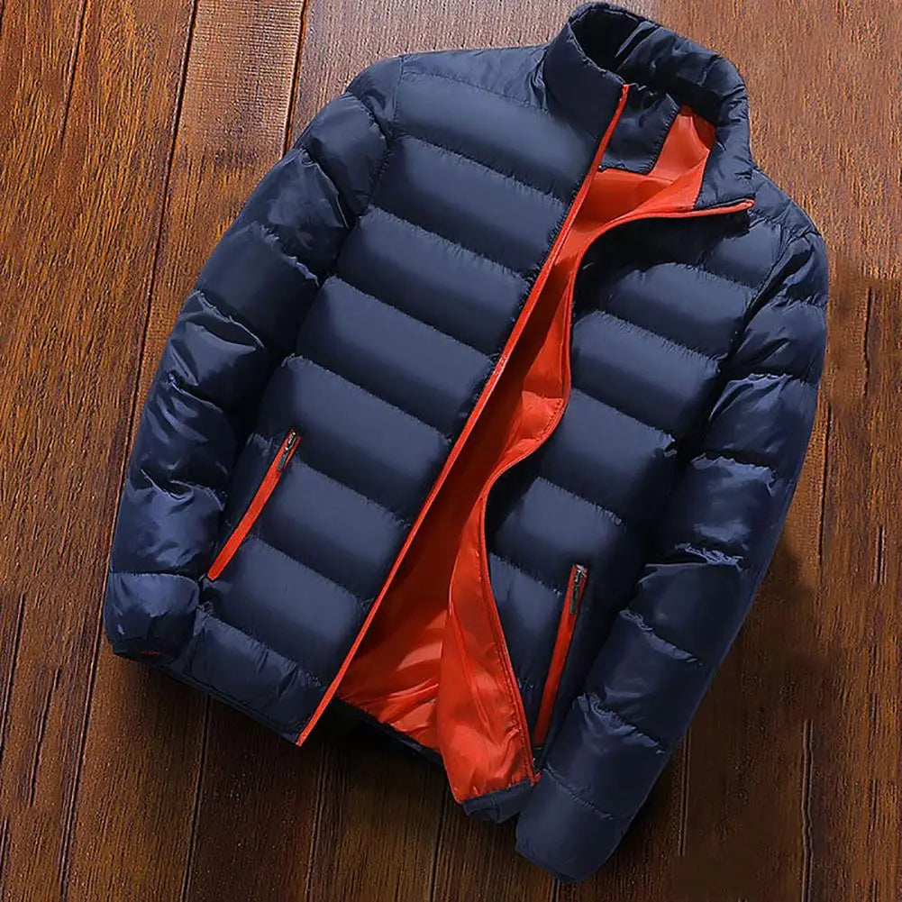 Solid Stand Collar Male Windbreak Cotton Padded Down Jacket - blue with red