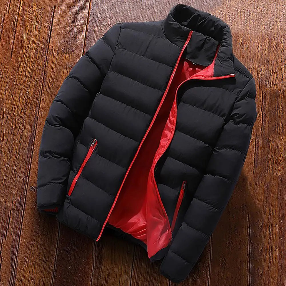 Solid Stand Collar Male Windbreak Cotton Padded Down Jacket - black with red