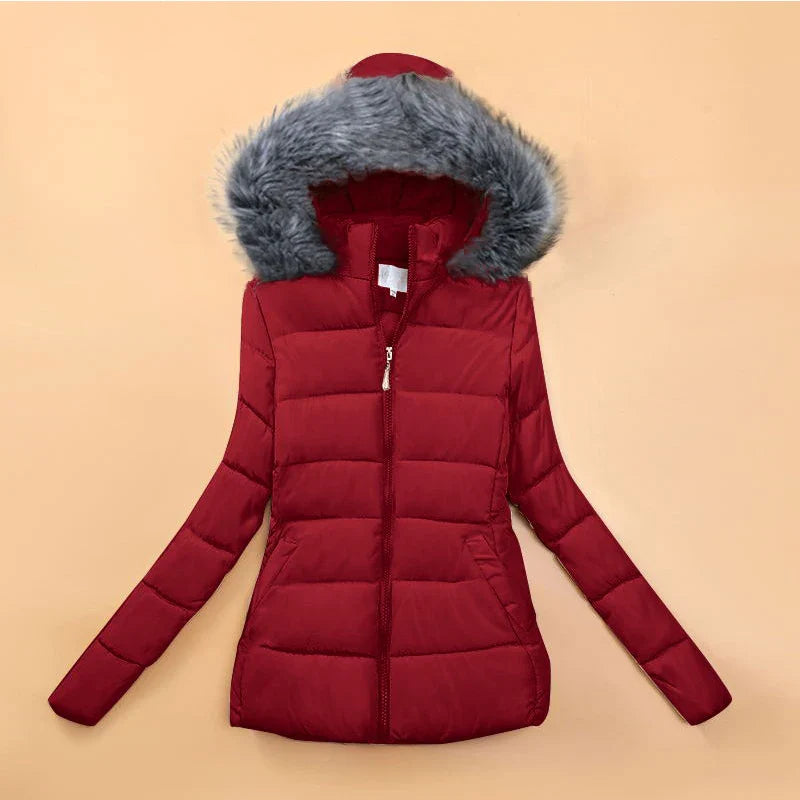 Fake Fur Hooded Short Cotton Parka - red with dark grey