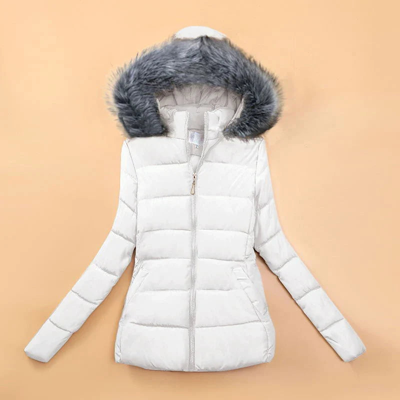 Fake Fur Hooded Short Cotton Parka - white with dark grey