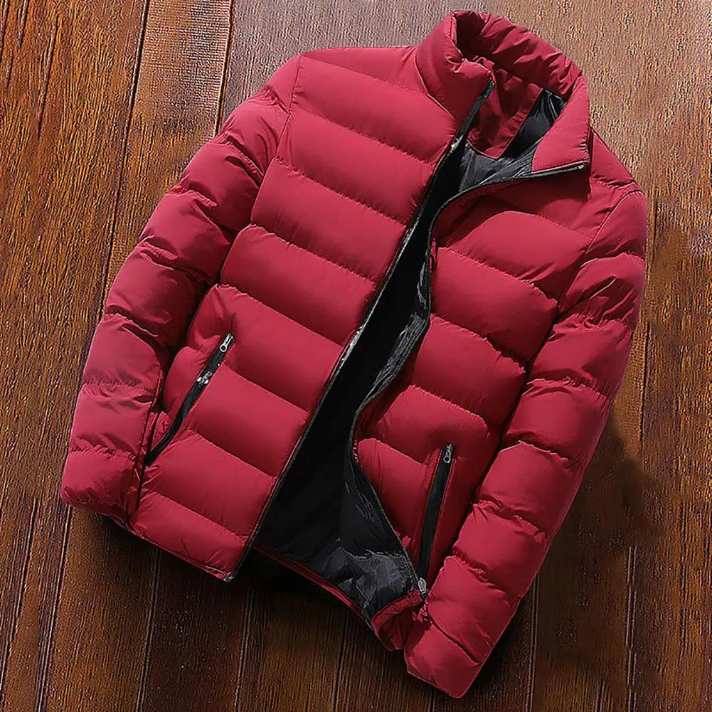 Solid Stand Collar Male Windbreak Cotton Padded Down Jacket - red with black