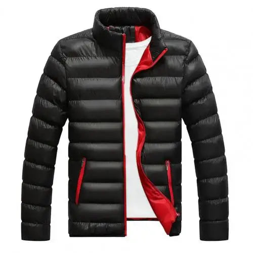 Solid Stand Collar Male Windbreak Cotton Padded Down Jacket - black with red (no backround)