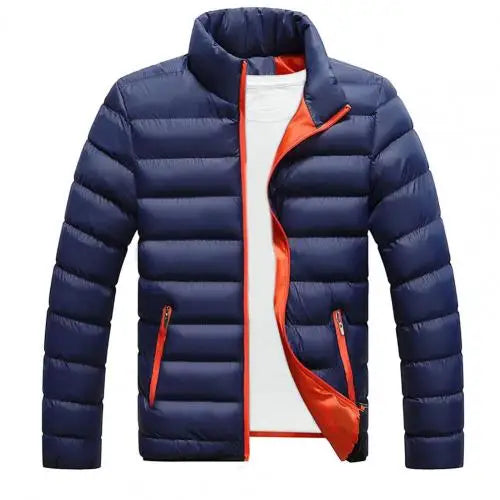 Solid Stand Collar Male Windbreak Cotton Padded Down Jacket - dark blue with red (no backround)