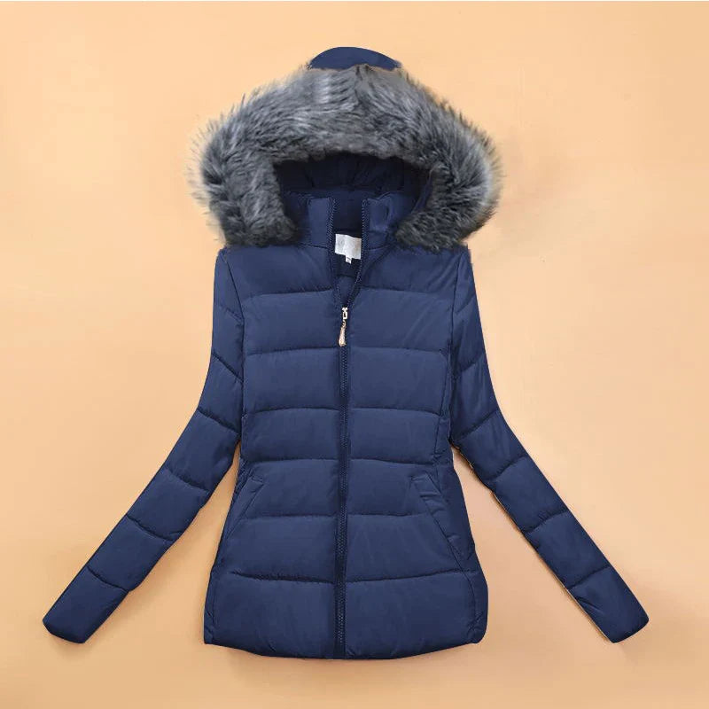 Fake Fur Hooded Short Cotton Parka - dark blue with dark grey