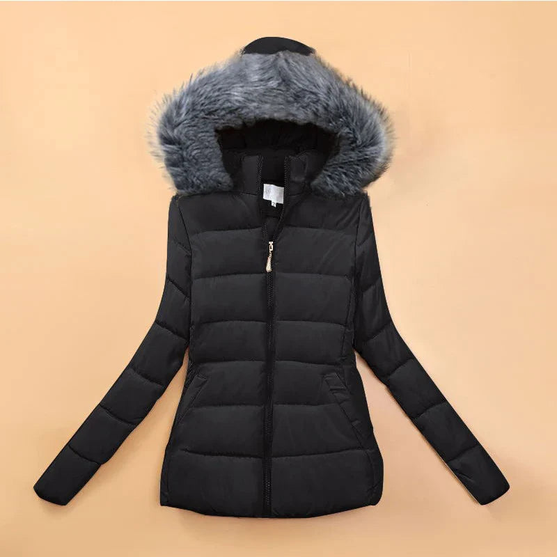 Fake Fur Hooded Short Cotton Parka - black on dark grey