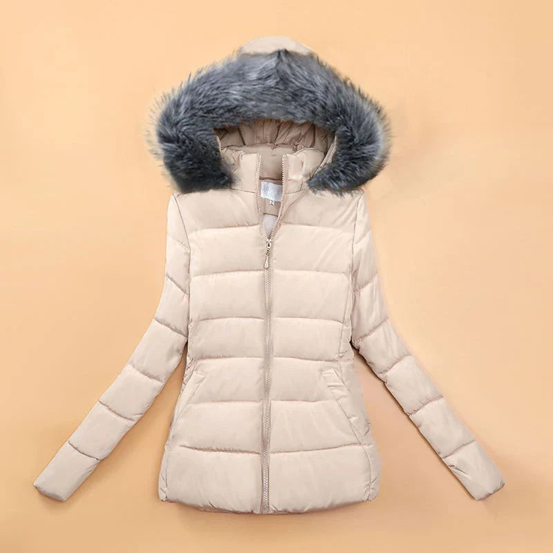 Fake Fur Hooded Short Cotton Parka - CREAM WITH GREY