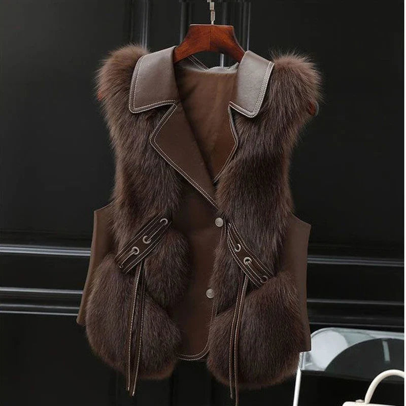 Fur Coat Vest Jacket - Brown