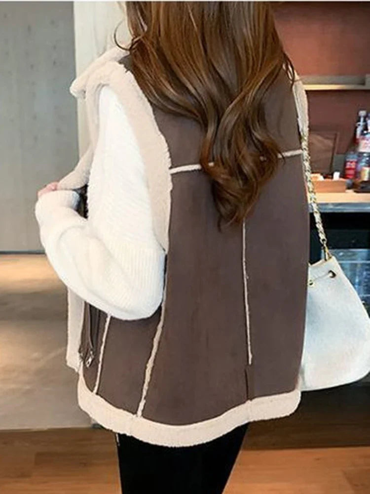 Leather and Fur Integrated Vest - brown with white (back view long vest)