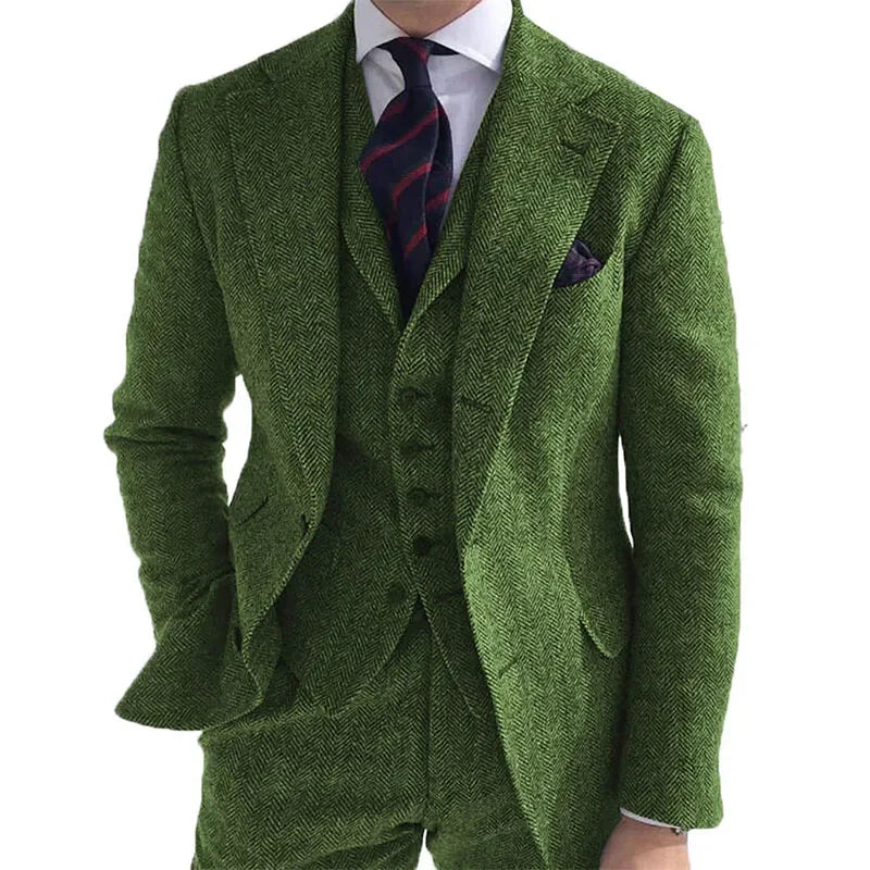 Gray Wool Winter Men Suit - green