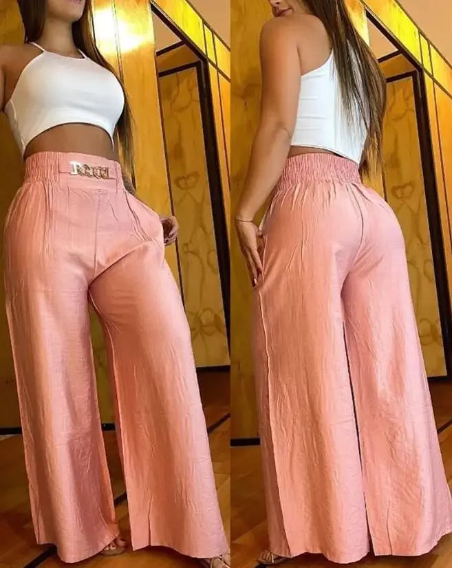 Women's High Waist Wide Leg Pants - pastel peach