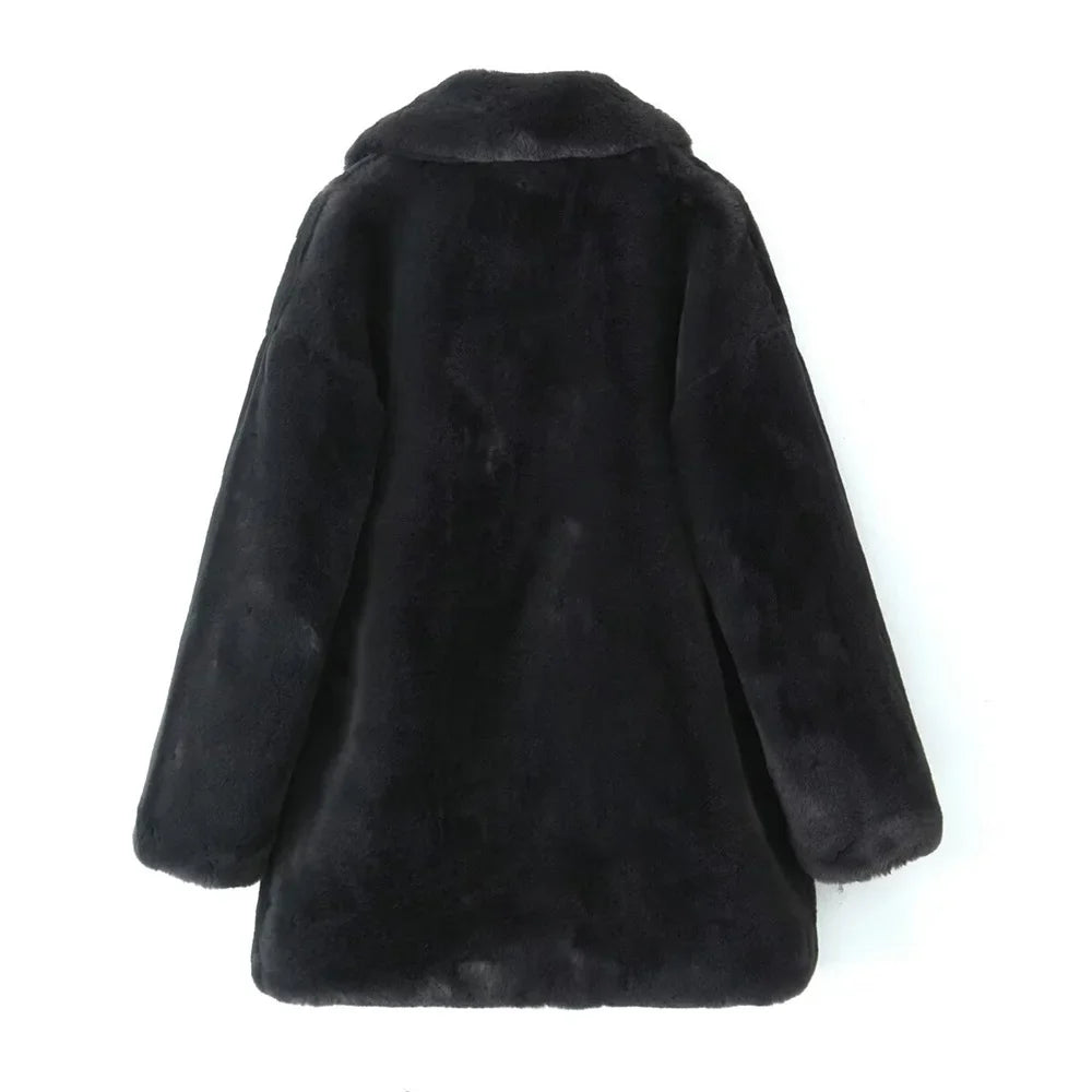 Loose Collar Long Sleeve Artificial Fur Effect Coat - black (back view no model)