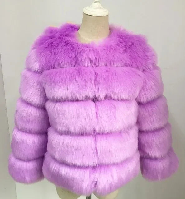 Faux Fox Fur European Style Leather Coat - fuschia