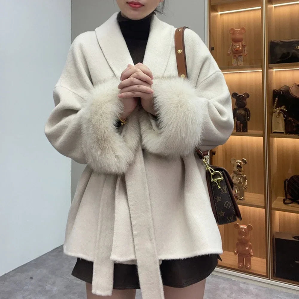 High End Double-sided Real Wool Fur Coat - Removable Cuffs - white 