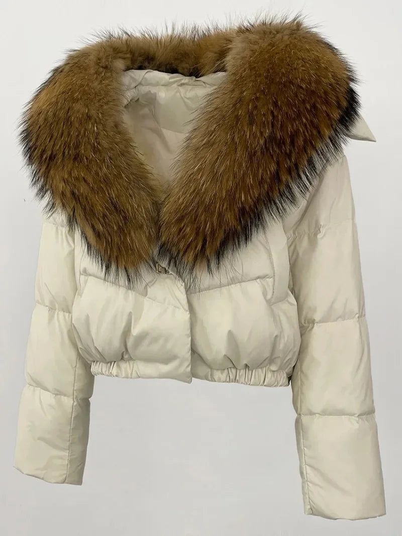 Real Fox Fur Coat - Women's Winter Coat - white wit dark brown