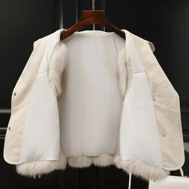 Fur Coat Vest Jacket - White (front view open)