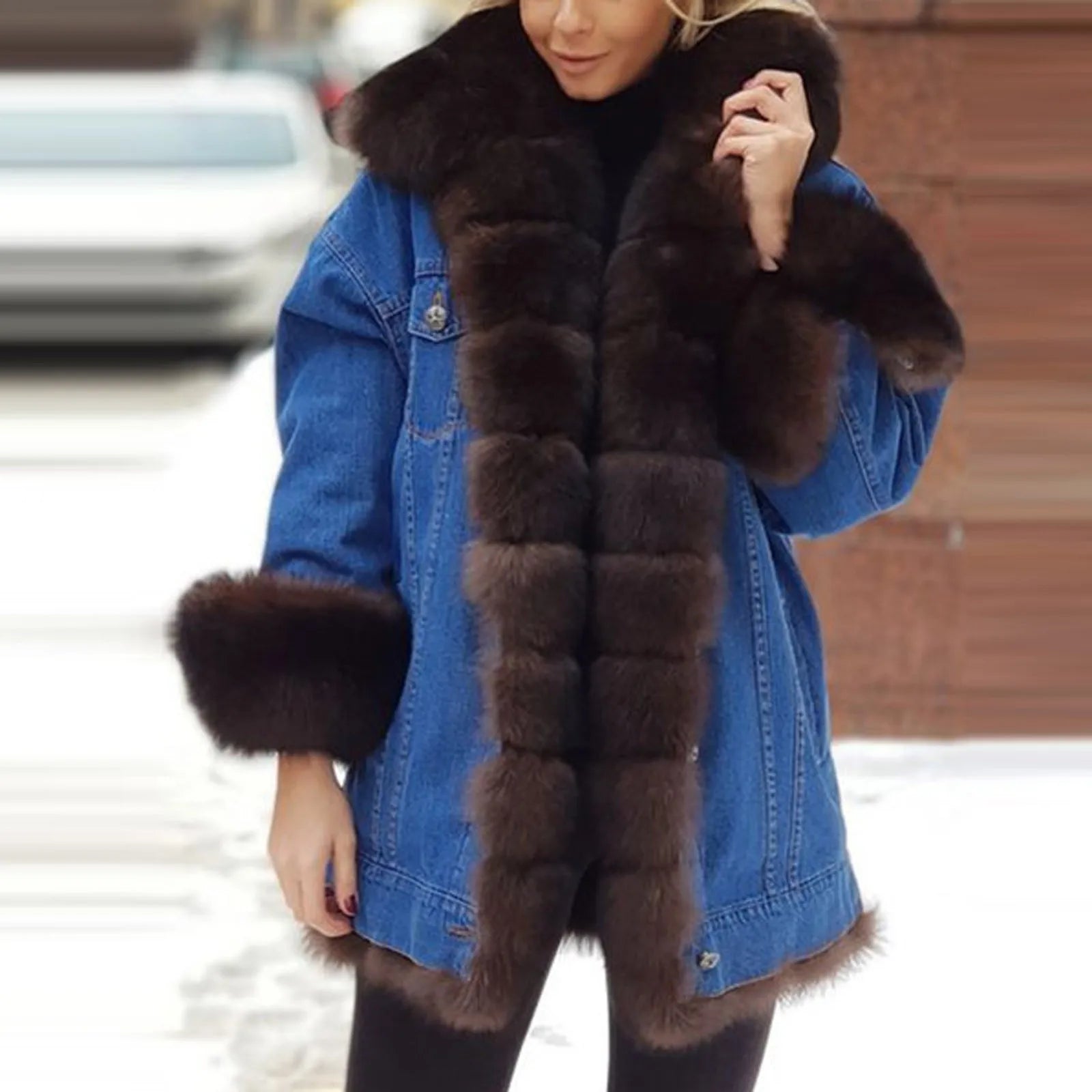 Fur denim Long sleeved Jacket - blue and black