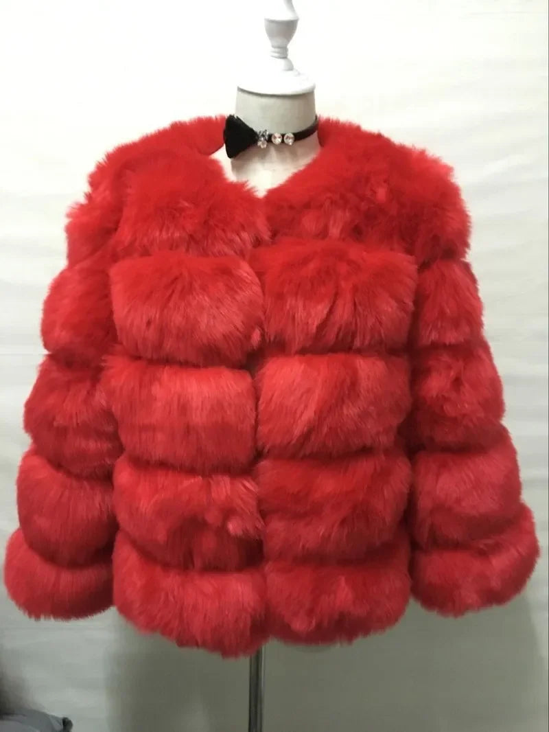 Faux Fox Fur European Style Leather Coat - bright red