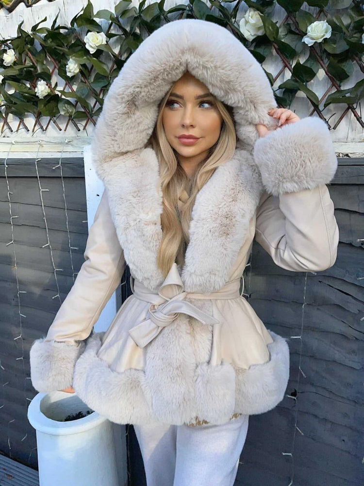 Faux Fur Hooded Coat - cream (hood up front view)