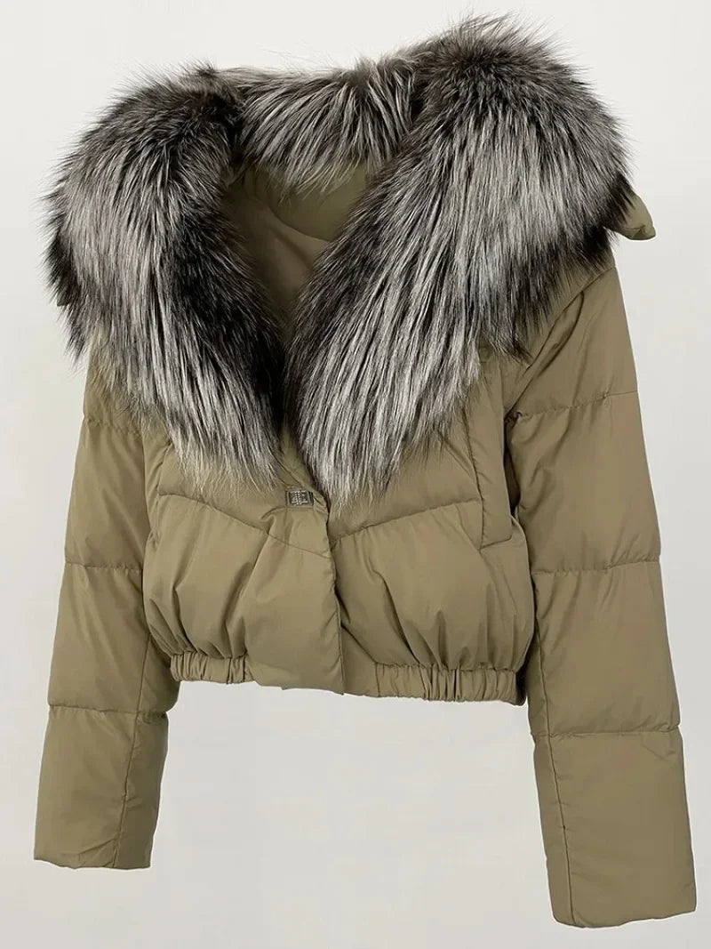 Real Fox Fur Coat - Women's Winter Coat - tan with grey