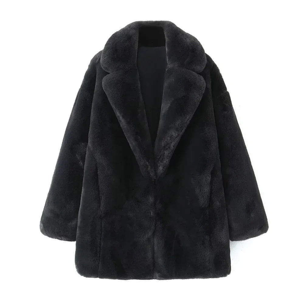 Loose Collar Long Sleeve Artificial Fur Effect Coat - black (front view no model)