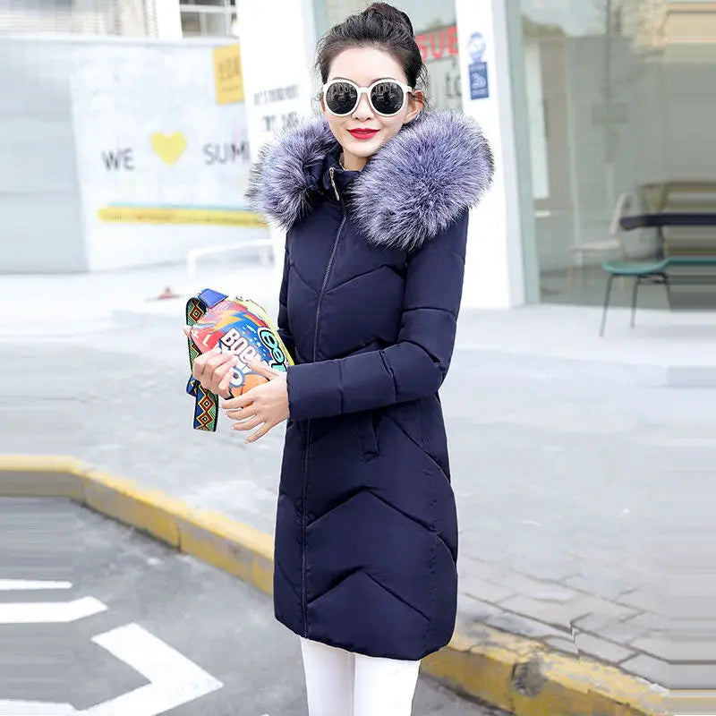 Fur Coat Jacket - dark blue with blue/grey fur hood