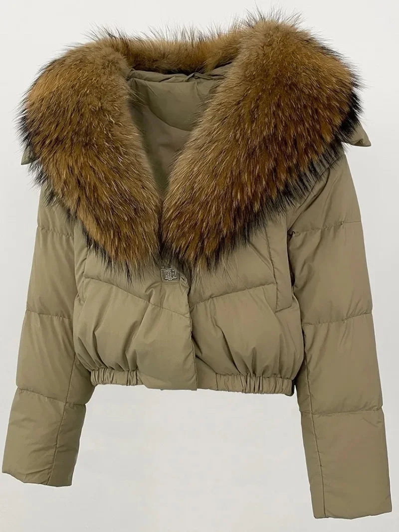 Real Fox Fur Coat - Women's Winter Coat - beige with brown