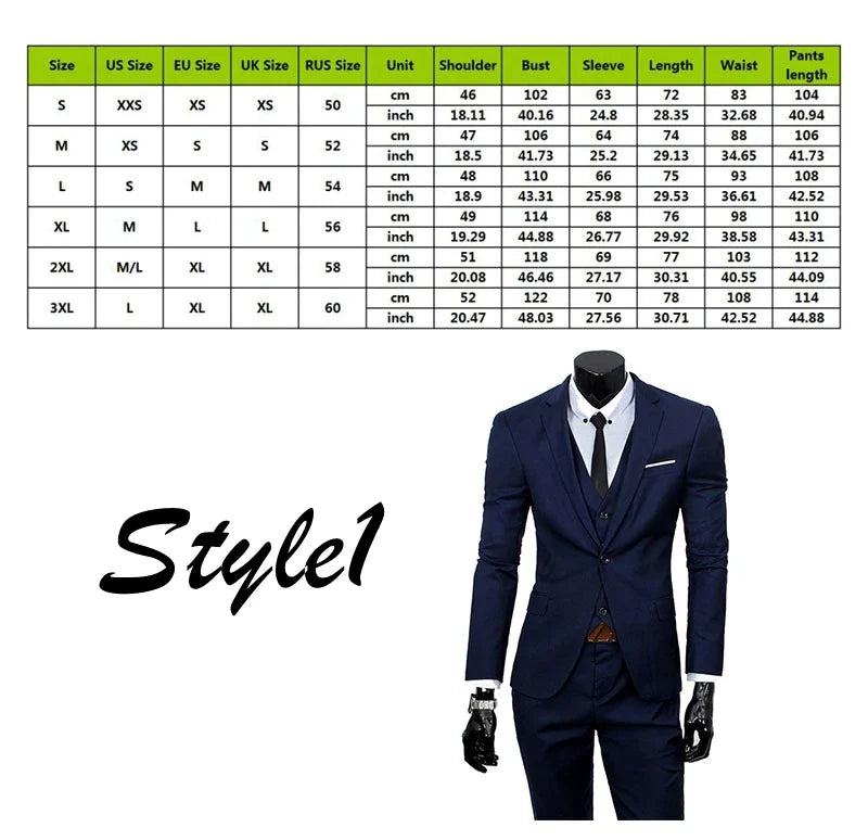 3 piece men's suit set - size chart