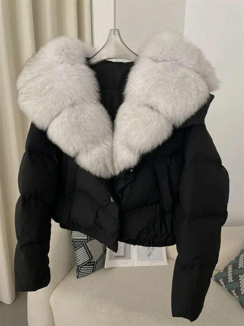 Real Fox Fur Coat - Women's Winter Coat - black and white