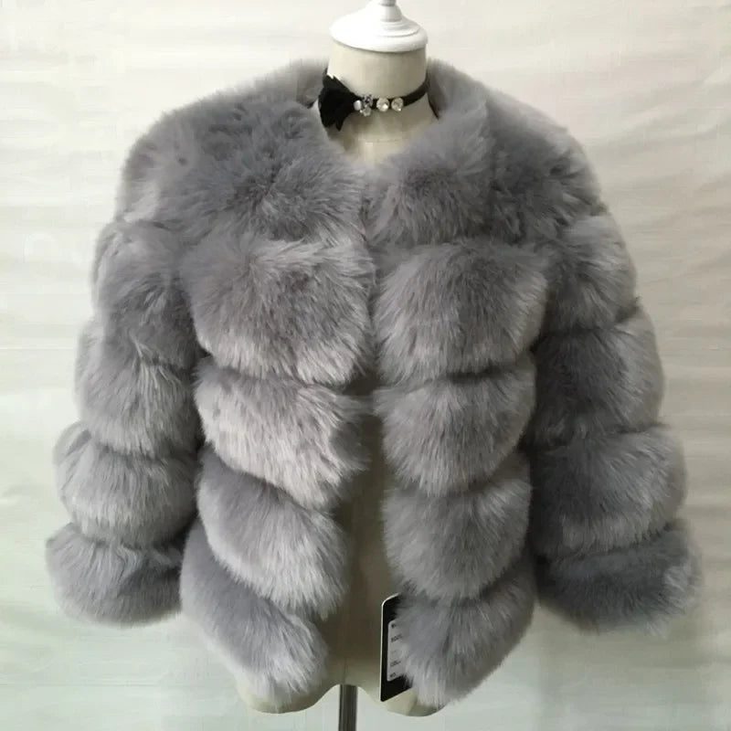 Faux Fox Fur European Style Leather Coat - grey