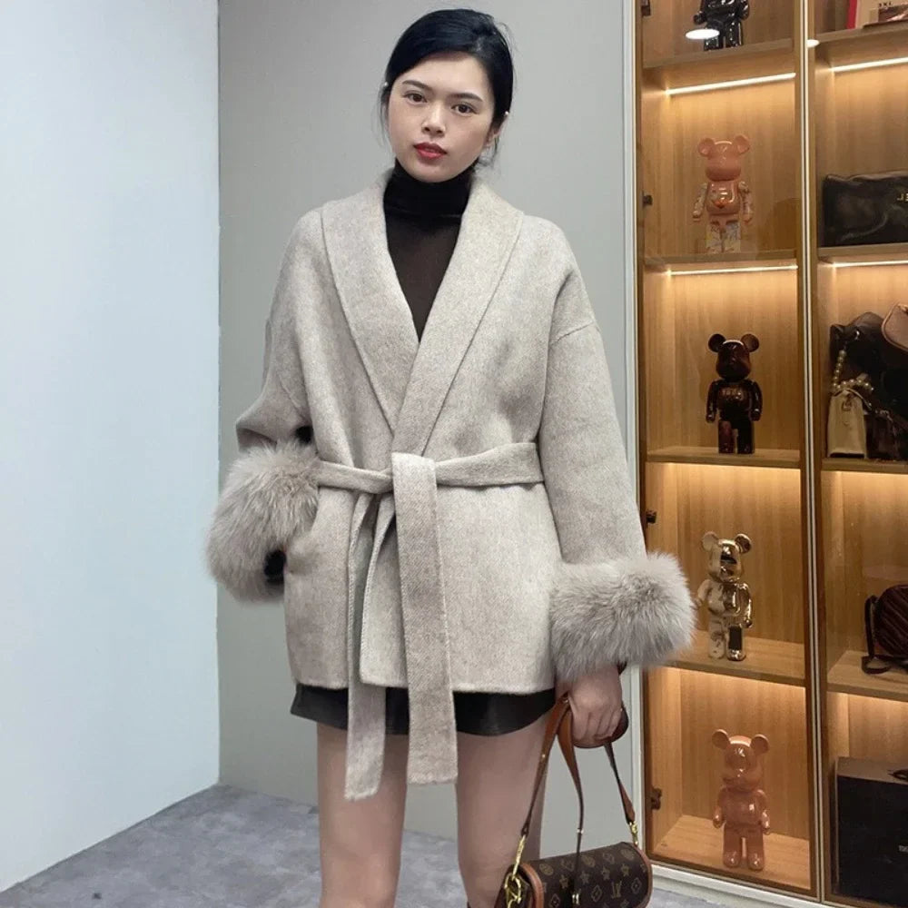 High End Double-sided Real Wool Fur Coat - Removable Cuffs - cream color 