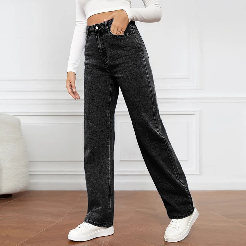 Women Jeans Straight Pants - Black