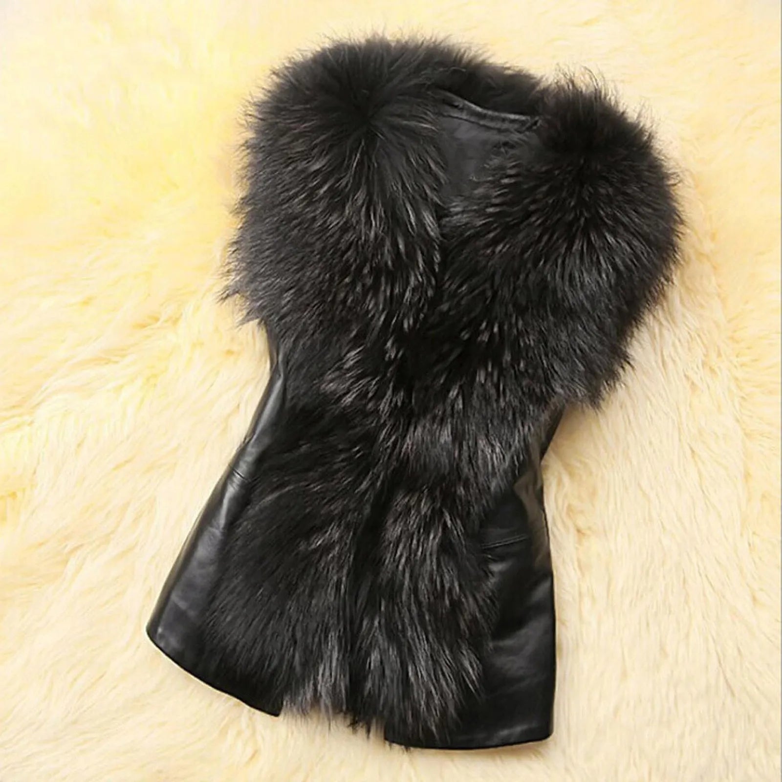 Fur Sleeveless Waistcoat - black lesther and black fur