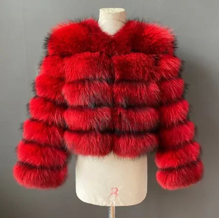 Faux Fox Fur European Style Leather Coat - bright red