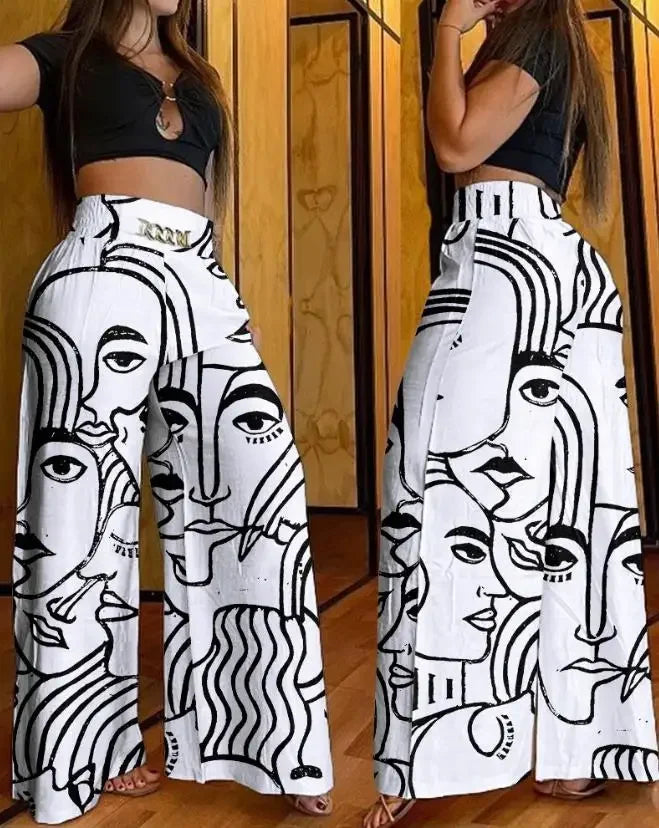 Women's High Waist Wide Leg Pants - black and white print