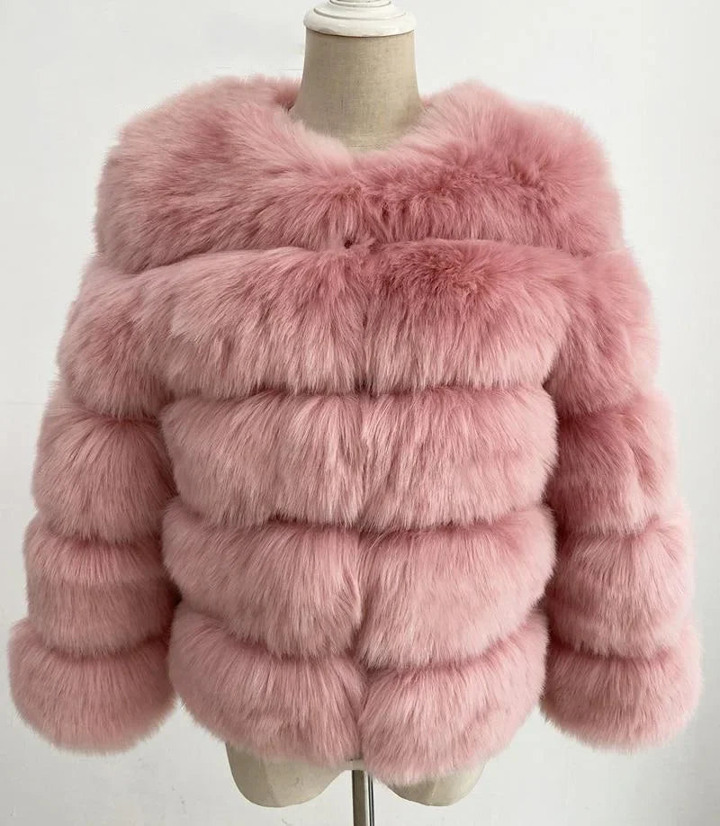 Faux Fox Fur European Style Leather Coat - light pink