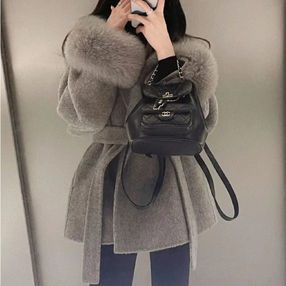 High End Double-sided Real Wool Fur Coat - Removable Cuffs - grey color 