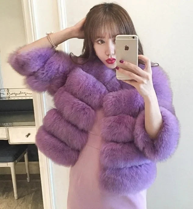 Faux Fox Fur European Style Leather Coat - purple