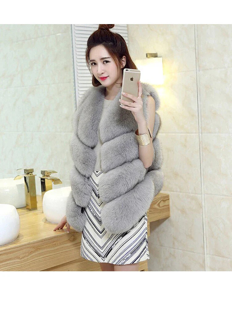 Faux Fox Fur Vest - Winter vest perfect for the cold weather - gray