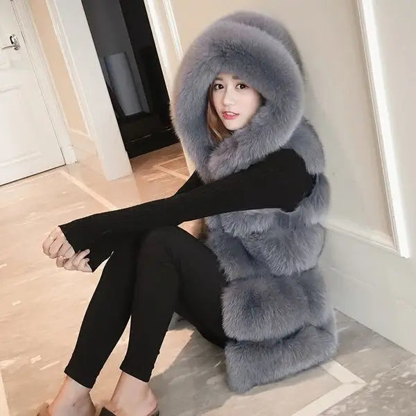 Quality Fur Vest Coat - dark grey - hood up - side view