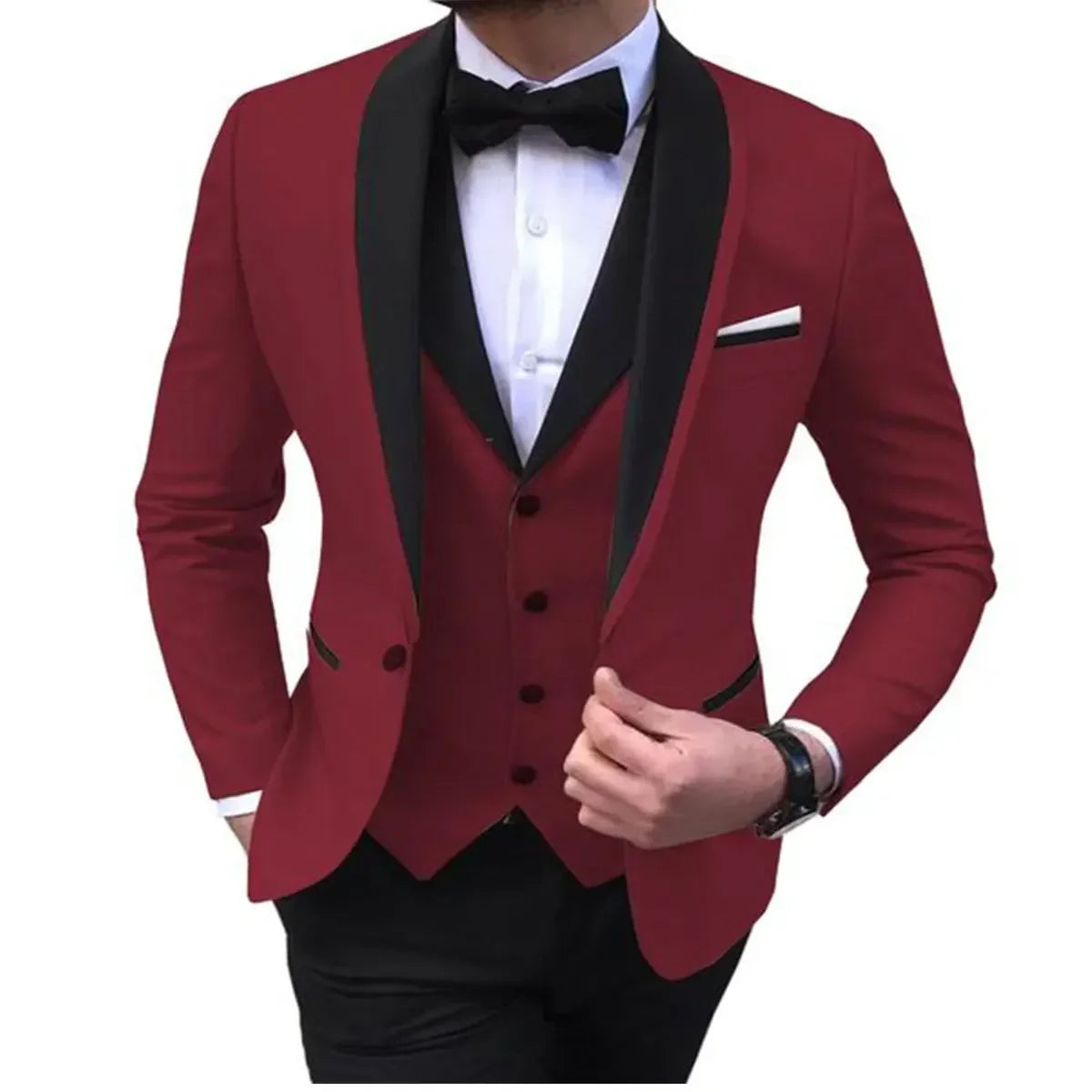 White Men's Suits Men 3 Piece - dark red