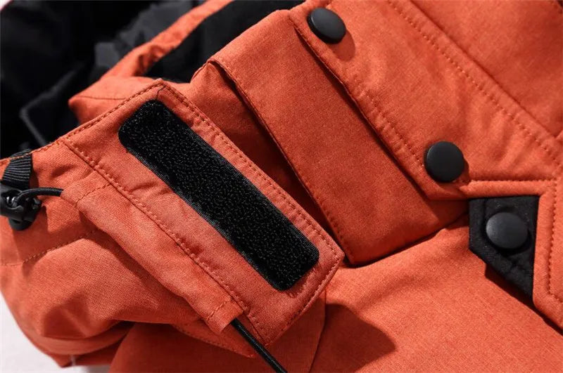 - 20 durable men's winter parka - orange (close up view)