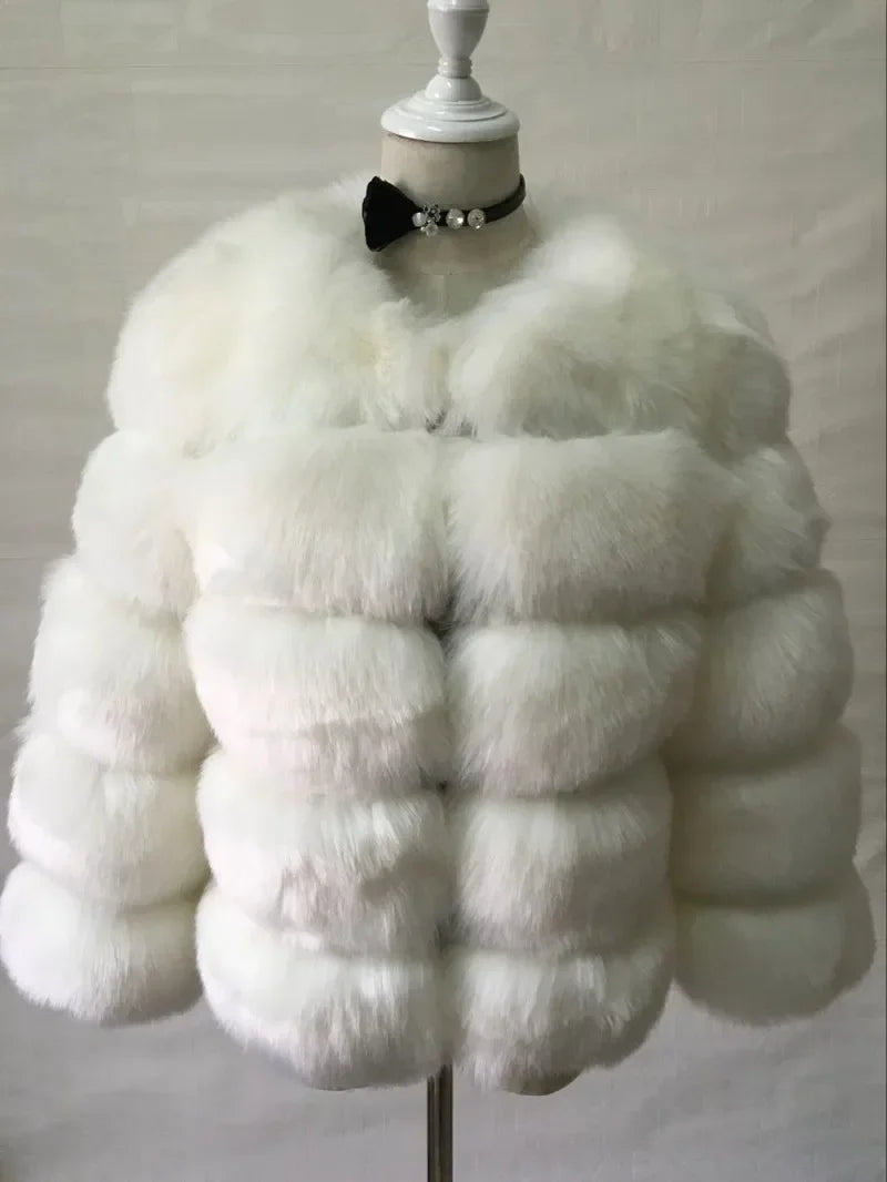 Faux Fox Fur European Style Leather Coat - ice white