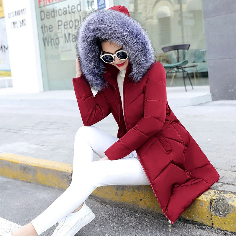 Fur Coat Jacket - red with grey fur hood 