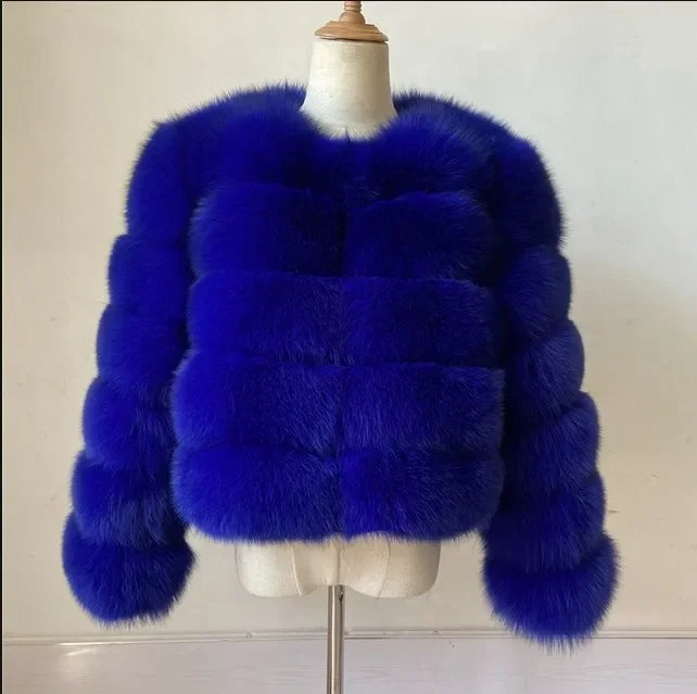 Faux Fox Fur European Style Leather Coat - dark blue