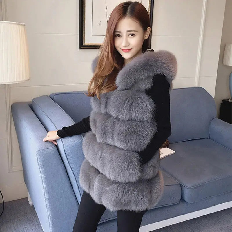 Quality Fur Vest Coat - dark grey - side view