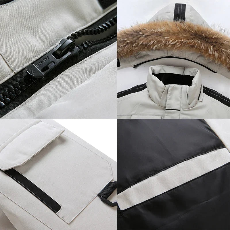 Men's Thermal Down Jacket - White with brown (close up)