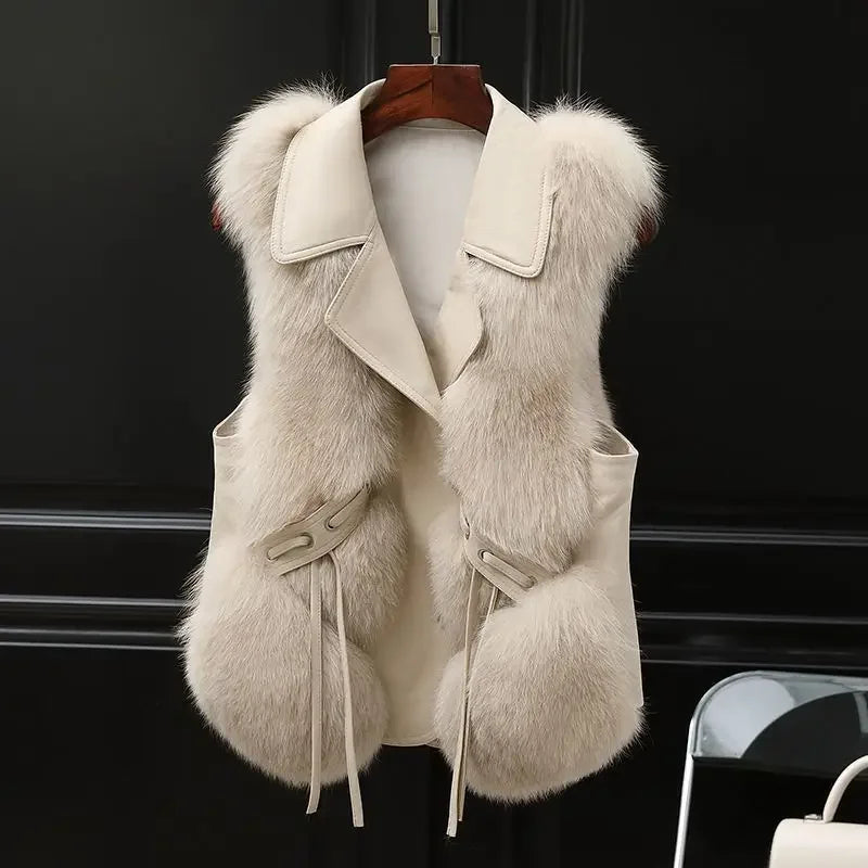 Fur Coat Vest Jacket - White (front view)